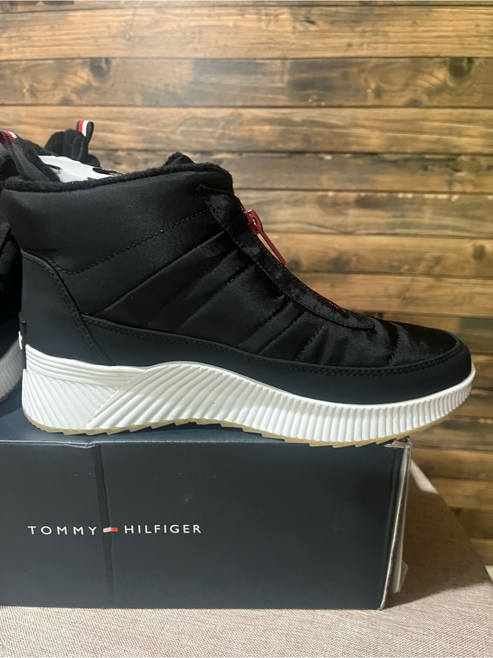 Tommy Hilfiger Black Quilted Zip-Front High-Top Sneaker Boot with White Sole